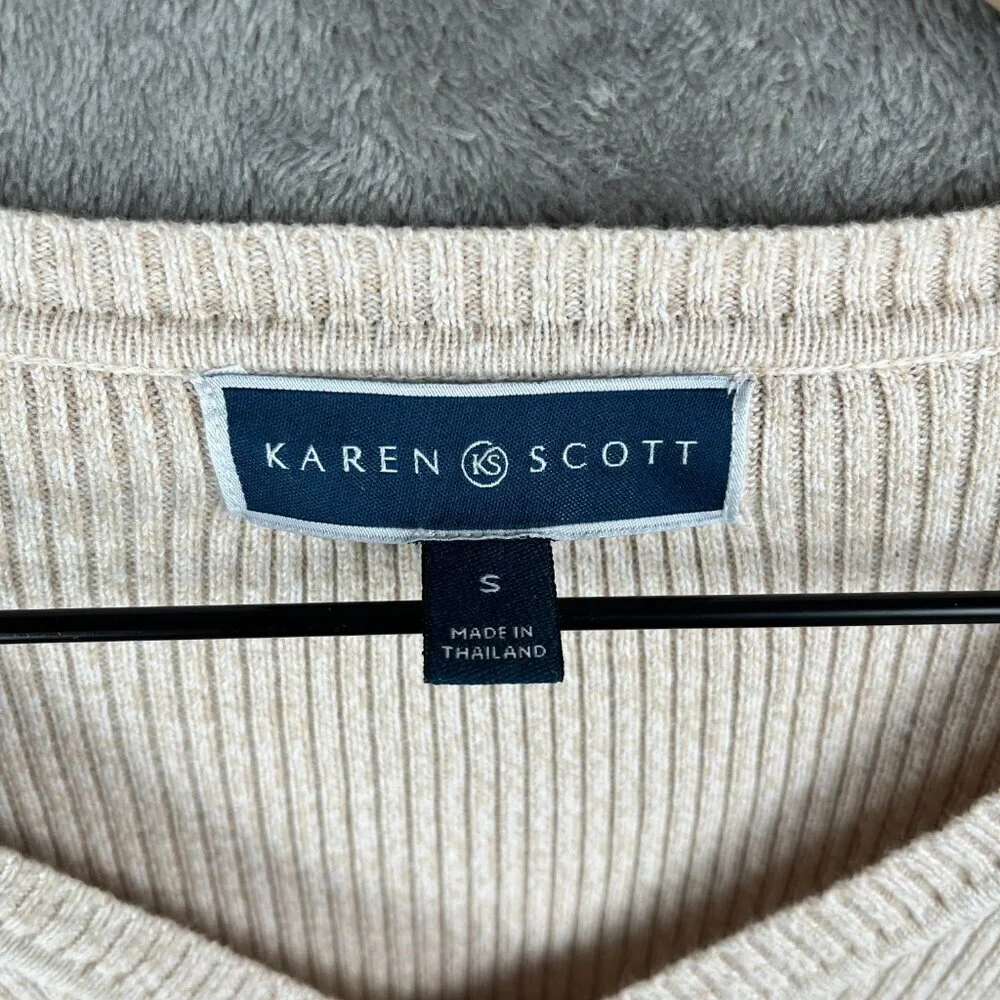 Karen Scott Pullover Sweater Women’s Small Cream Ribbed Marled V Neck Preppy Y2K